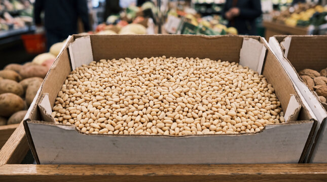 Pine nuts peeled on the store counter in a cardboard box