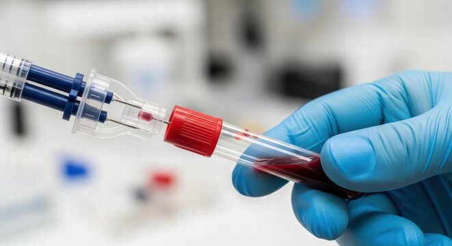 Close-up of a gloved hand holding a blood sample tube with a needle adapter