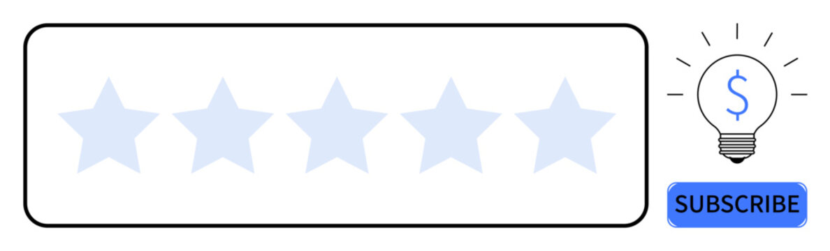 Customer feedback, subscriptions, online ratings, digital engagement, content monetization, user interaction. Five-star rating bar with a subscribe button and lightbulb icon. Customer feedback
