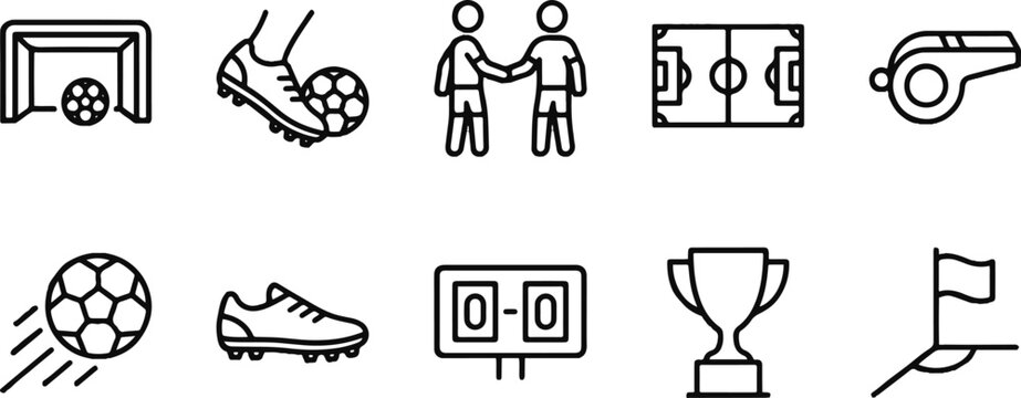 Black line icons of soccer symbols and equipment