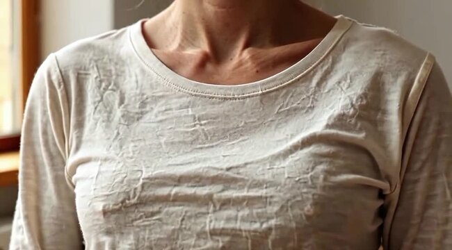 Extreme close-up macro of a human chest and collarbone area taking a slow deep breath &mdash; rising and falling with total calm. Shirt fabric stretches subtly. 