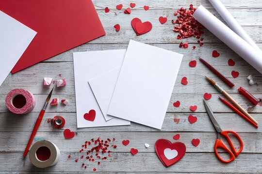Creative valentine craft flat lay workspace