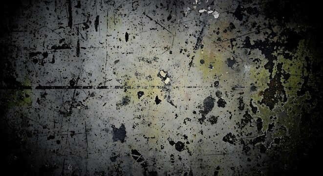 Grunge, distressed, textured metal surface with paint splatters and scratches