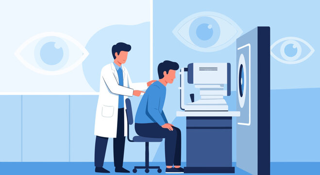 Ophthalmologist examining patient's eyes with modern equipment, eye care concept