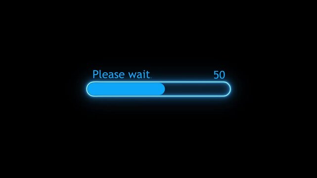 Please wait Processing bar animation on black background. Please wait loading bar animation. 0-100 percentage progress loading bar animation concept