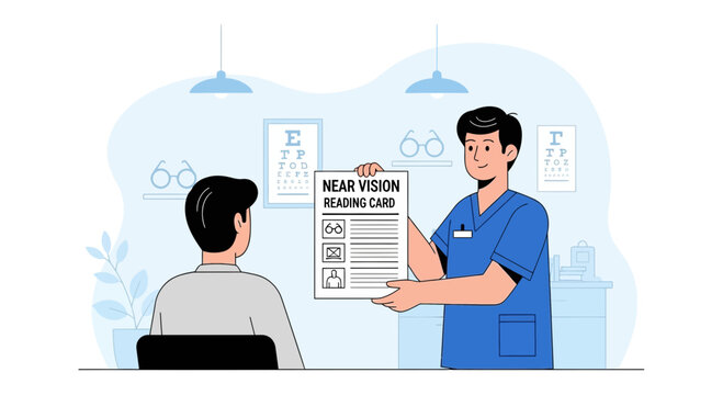 Optometrist shows near vision reading card to patient during eye exam in clinic