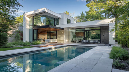 Fototapeta premium Architecture style Clean lines and geometric shapes Large glass windows and sliding doors Flat or low-pitched roof Combination of materials like concrete, wood, steel, and stone.