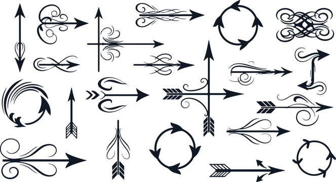 Elegant decorative arrows and arrows with ornate swirls and flourishes in various designs.