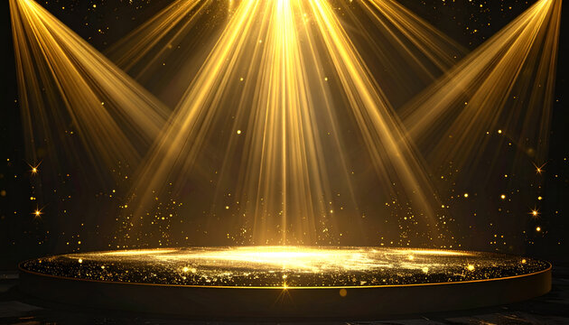 Golden Stage Spotlight with Glittering Particles and Dramatic Lighting.