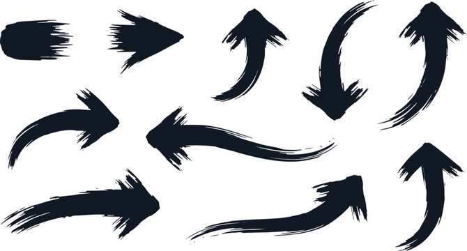 Set of dark, rough brush stroke arrows, creative grunge design elements, on transparent background.