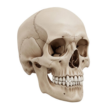 Detailed human skull with visible sutures, teeth, and nasal cavity, rendered in off-white bone color, isolated on transparent