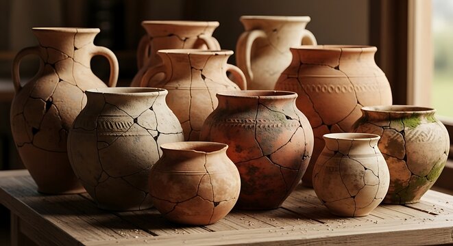 Group of ancient, cracked terracotta pottery vessels on wooden surface