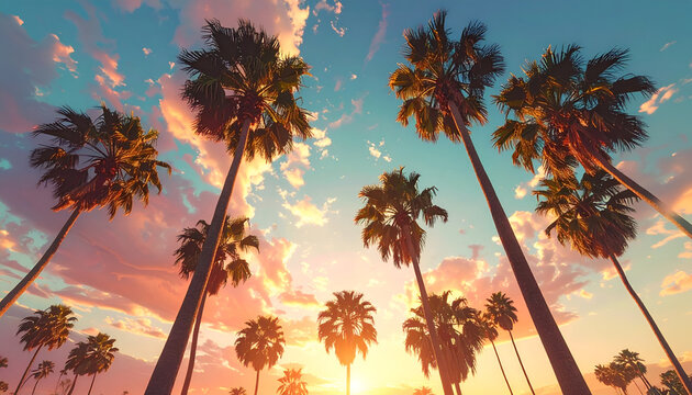 Vibrant Sunset Over a Palm Tree Lined Coastal Highway.