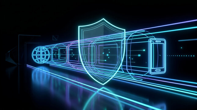 Futuristic cyber security shield protecting digital data transfer tunnel with glowing neon icons of global network and mobile smartphone on dark hi-tech background 3D illustration