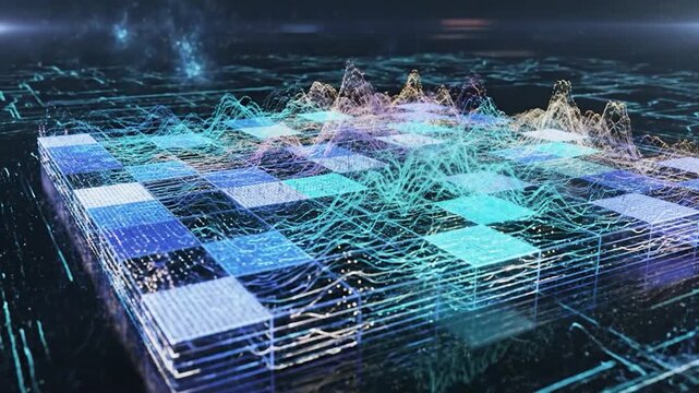 Glowing digital data grid with rising wave patterns representing complex information processing and network connectivity