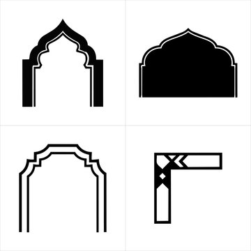 minimalist islamic architectural arch and mihrab vector icons set