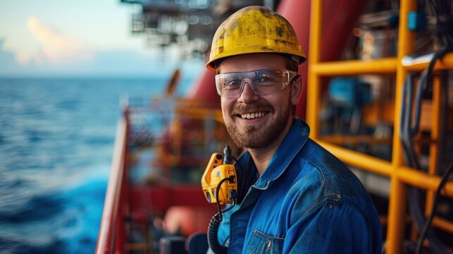 Bearded man in work gear smiles on an offshore platform at sea under daylight