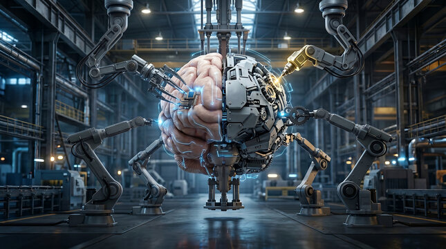 Futuristic robotic arms assembling a bionic artificial intelligence brain with mechanical parts and neural circuits in a high tech automated factory interior 3D rendering