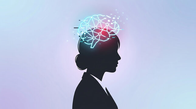 Silhouette of businesswoman with glowing digital brain neural network representing artificial intelligence machine learning and future technology concept on soft gradient background
