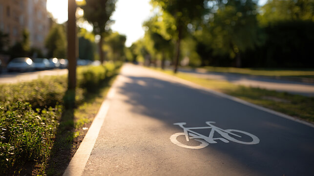Empty urban cycling path at golden hour, sunlight, healthy lifestyle, eco-friendly commute, city infrastructure, green environment, wellness