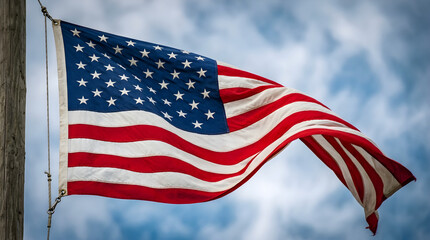 Fototapeta premium Waving american flag against a cloudy sky a symbol of freedom and patriotism