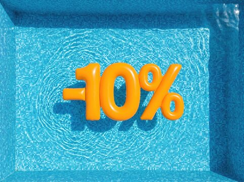 Large orange inflatable numbers reading "-10%" float in a bright blue swimming pool, viewed from above.
Concept of poolside summer discount and refreshing offer.