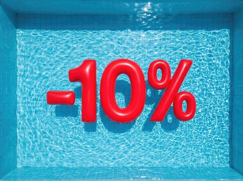 Large red inflatable numbers reading "-10%" float in a blue swimming pool, viewed from above.
Concept of summer discount and poolside promotion.
