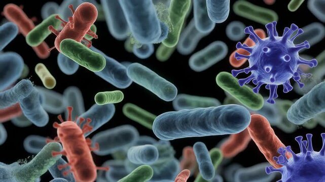 Firefly and vibrant microscopic bacteria with single-celled organisms in colorful underwater scene