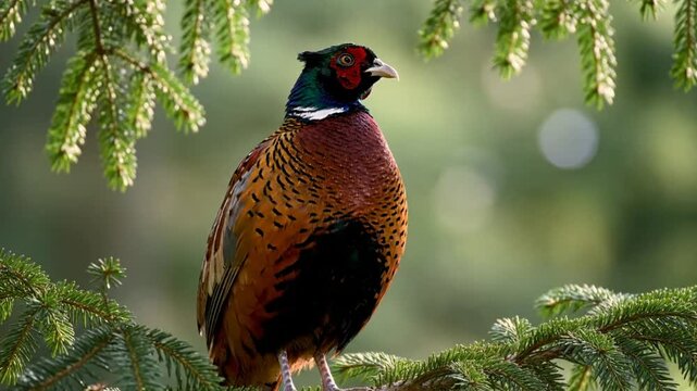 Beautiful male pheasant perched on a coniferous branch, showcasing its vibrant plumage in a natural setting, close-up view