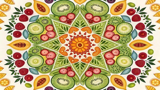 mirrored symmetrical patterns made from food items, colorful kaleidoscope design