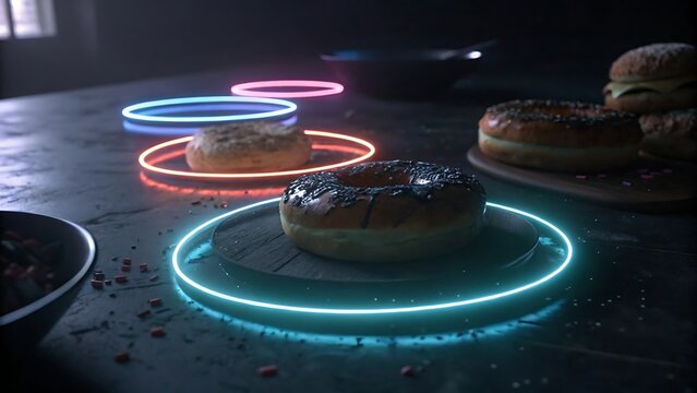 multiple glowing rings orbiting around food, sci-fi energy effect, dark cinematic lighting
