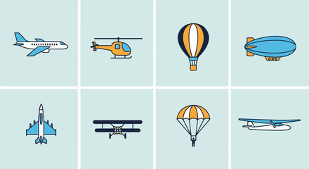 Collection of diverse aviation vehicles and transport icons including airplanes, helicopters, hot air balloons, blimps, jet fighters, biplanes, parachutes, and gliders © shitul