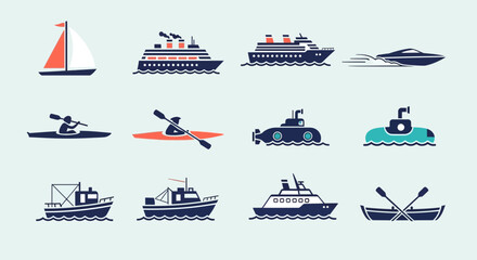Collection of various boats and watercraft on a light blue background, including sailboats, cruise ships, speedboats, kayaks, submarines, and rowing boats © shitul