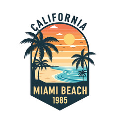 Obraz premium Vintage Retro Tropical Beach Sunset Illustration with Palm Trees