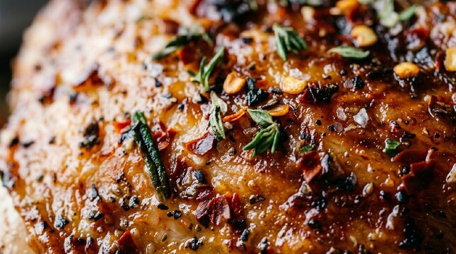 Macro shot of seasoned roasted meat with crispy skin, topped with chili flakes, salt, and fresh herbs for a delicious, savory meal.