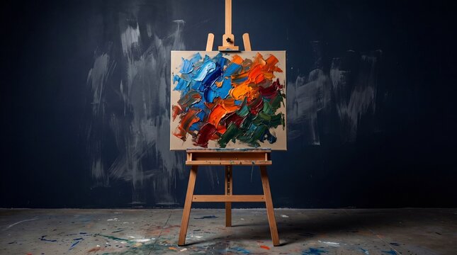 Colorful Abstract Oil Painting with Thick Impasto Texture on a Wooden Easel in a Dark Moody Artist Studio