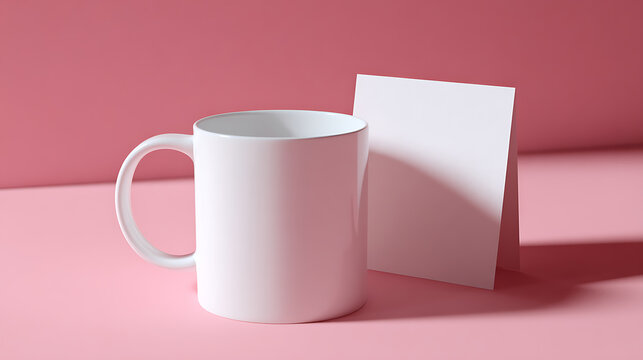 Minimalist white mug and blank card on a vibrant pink background, ideal for product mockups, branding, or creative graphic design projects