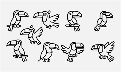 Fototapeta premium Toucans bird cartoon line art vector icon set Vector illustration
