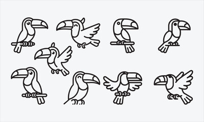 Fototapeta premium Toucans bird cartoon line art vector icon set Vector illustration