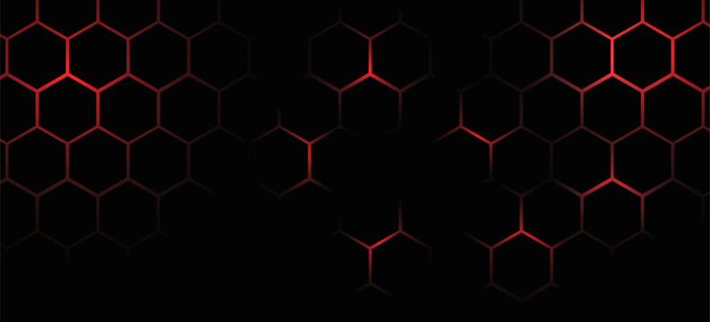 Black hexagonal technology abstract vector background with red and orange colored bright flashes under hexagon.
