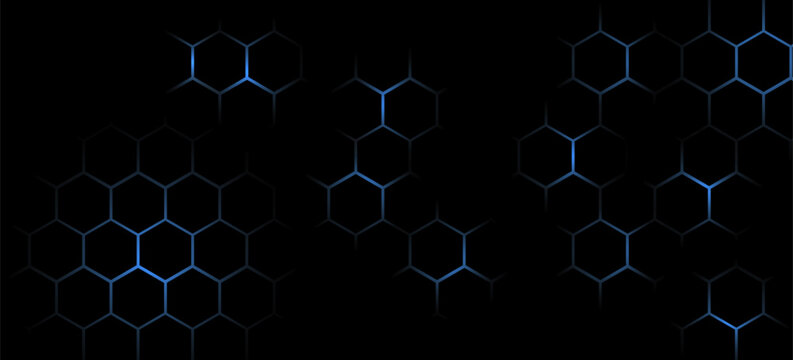 An abstract futuristic technology background featuring a dark hexagonal grid pattern with glowing blue neon lines.