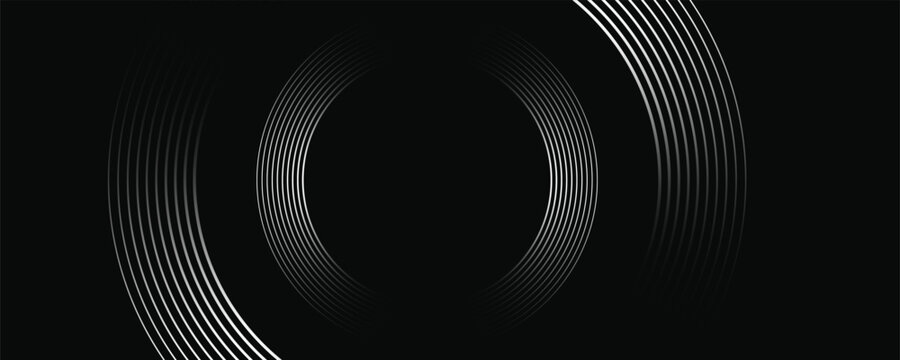3D silver lines techno abstract background on dark space with glowing circles effect decoration. Modern graphic design element stripes style concept for web, flyer, card, or brochure cover