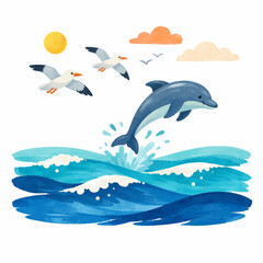 Fototapeta premium Dolphins Jumping over Ocean Waves with Seagulls Illustration