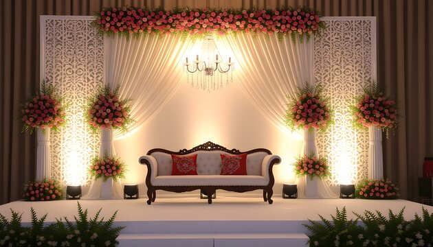 Elaborate wedding stage with floral arrangements and cushioned sofa.