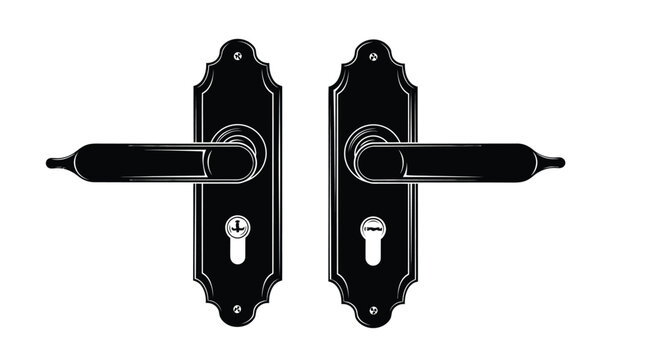 Black door handle with ornate backplate and keyhole isolated on a white background silhouette high quality professional detailed modern elegant stylish clean crisp vibrant