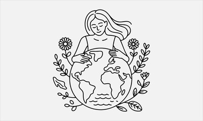 Obraz premium Eco friendly girl hugging planet Earth, line art vector icon set. Mother Nature and globe with blooming flowers,Ecology collection vector illustration