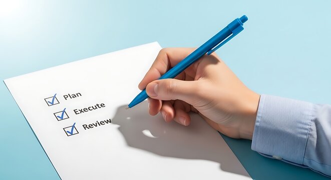 Hand checking off tasks on a list Plan, Execute, Review