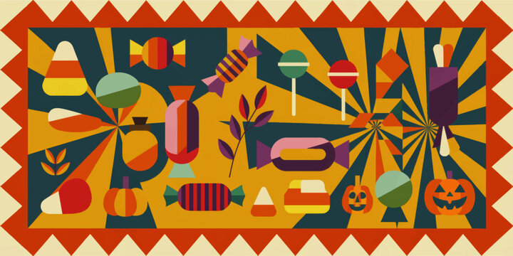 Colorful geometric Halloween candy pattern with pumpkins, lollipops and candy corn in retro fall abstract background