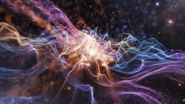 Glowing nebula particles swirling through deep space with brilliant light and vibrant energy waves spreading out