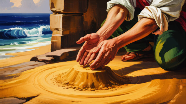Biblical style illustration of man shaping sand circle at ancient stone ruins on sunny seashore with dramatic blue ocean waves